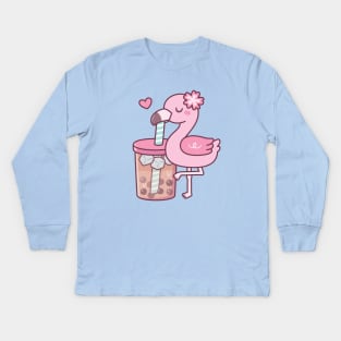 Cute Flamingo Loves Bubble Tea Kids Long Sleeve T-Shirt